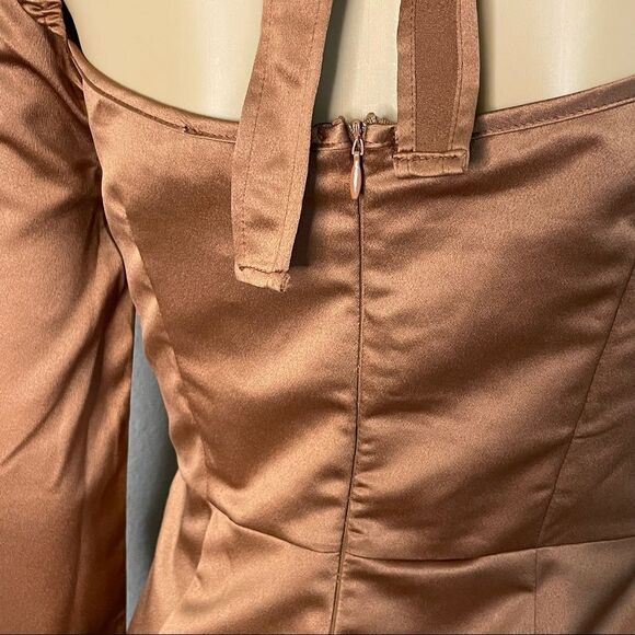NWT Pretty Little Thing Chocolate Satin Corset Detail Cross Bust Jumpsuit Size 4 - Picture 13 of 16